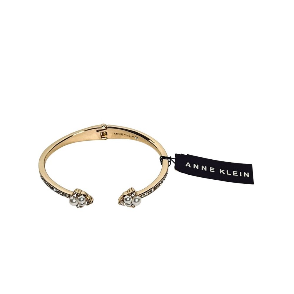 Anne Klein Gold Tone Faux Pearl And Clear Rhinestone Hinged Cuff Bracelet (6261) - Picture 3 of 7